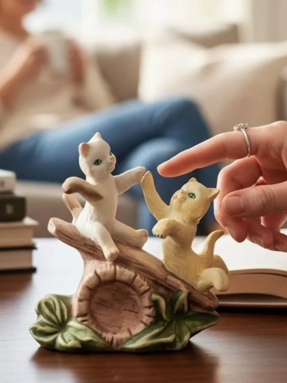 Vintage Ceramic Figurine Of Two Playful Cats On Log With Green Leaves
